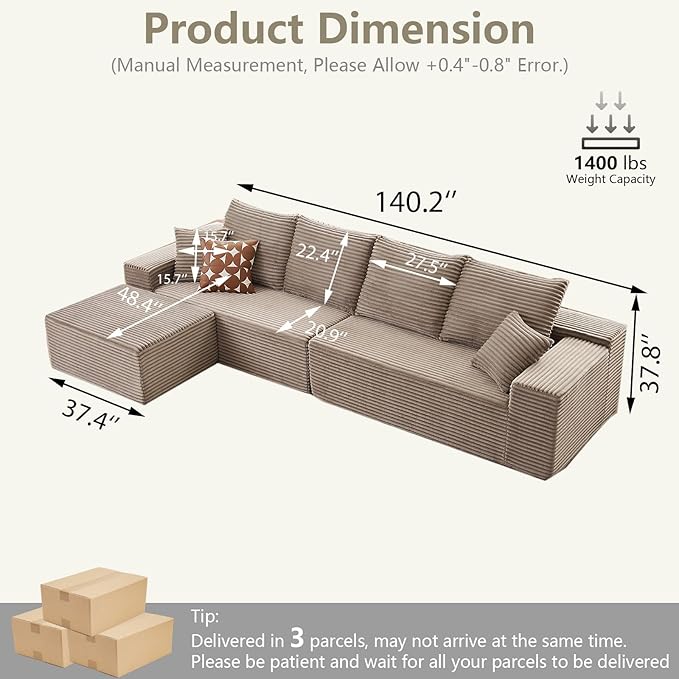 140" Sectional Cloud Couch for Living Room, Modular Floor Deep-Seat Sofa, Big Comfy Corduroy Couches Set with Fluffy Memory Foam, Stupendous L Shaped Sofas, No Assembly Required, Camel