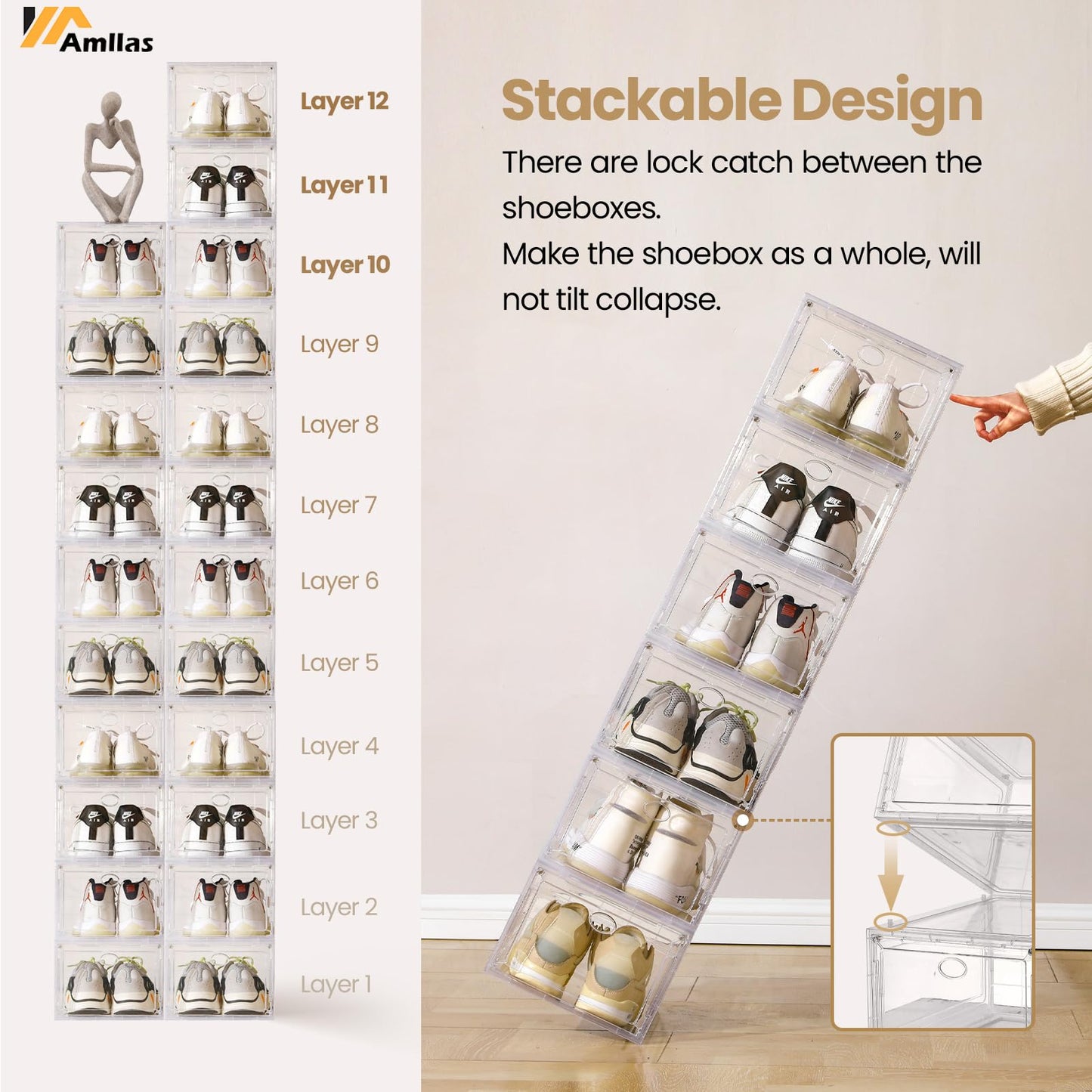 Amllas 12 Pack Clear Shoe Boxes Stackable,Shoe Storage Boxes for Closet,Sturdy Shoe Box Storage Containers with Clear Door,Sneaker Storage,Easy to Assemble,Fit up to US Size 12(13.8”x 9.84”x 7.1”)