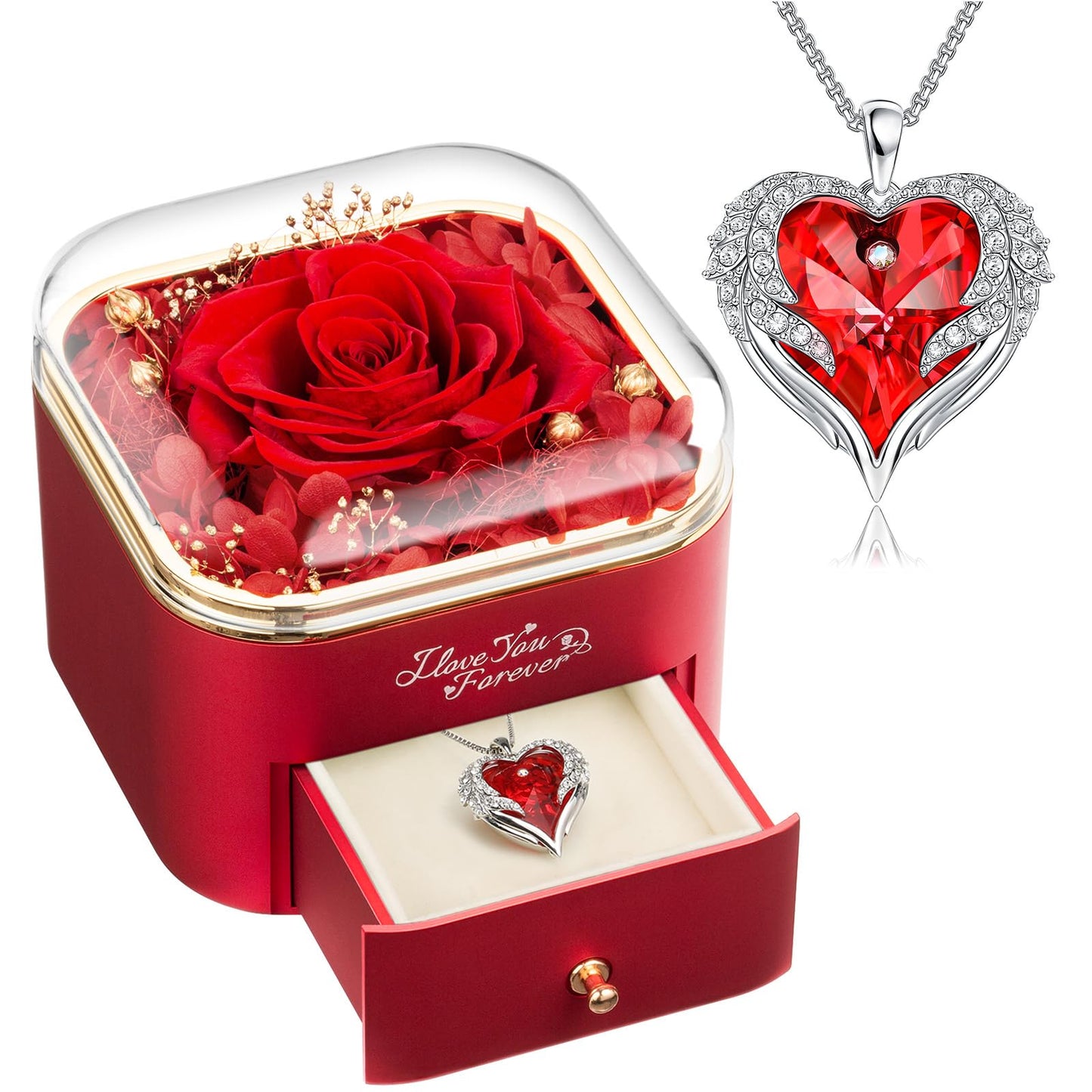 NEWNOVE Gifts for Her, Preserved Real Red Rose with Angle Wings Necklace, Forever Flowers Gifts for Mom Grandma Wife Girlfriend at Christmas, Valentines, Anniversary or Birthday Gifts for Women