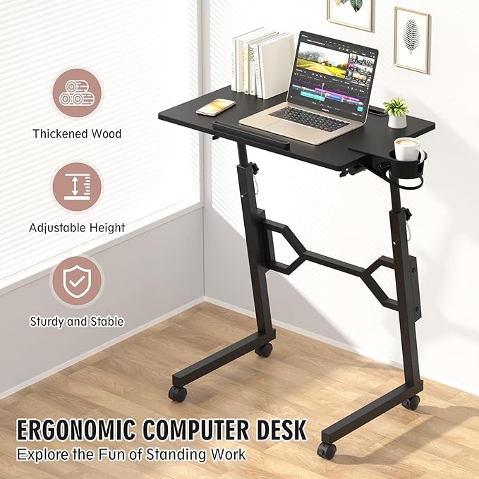 Enayplon Small Standing Desk with Wheels, Portable Treadmill Desk, Rolling Desk Adjustable Height for Laptop, Mobile Standing Table for Walking Pad, Bedside Table