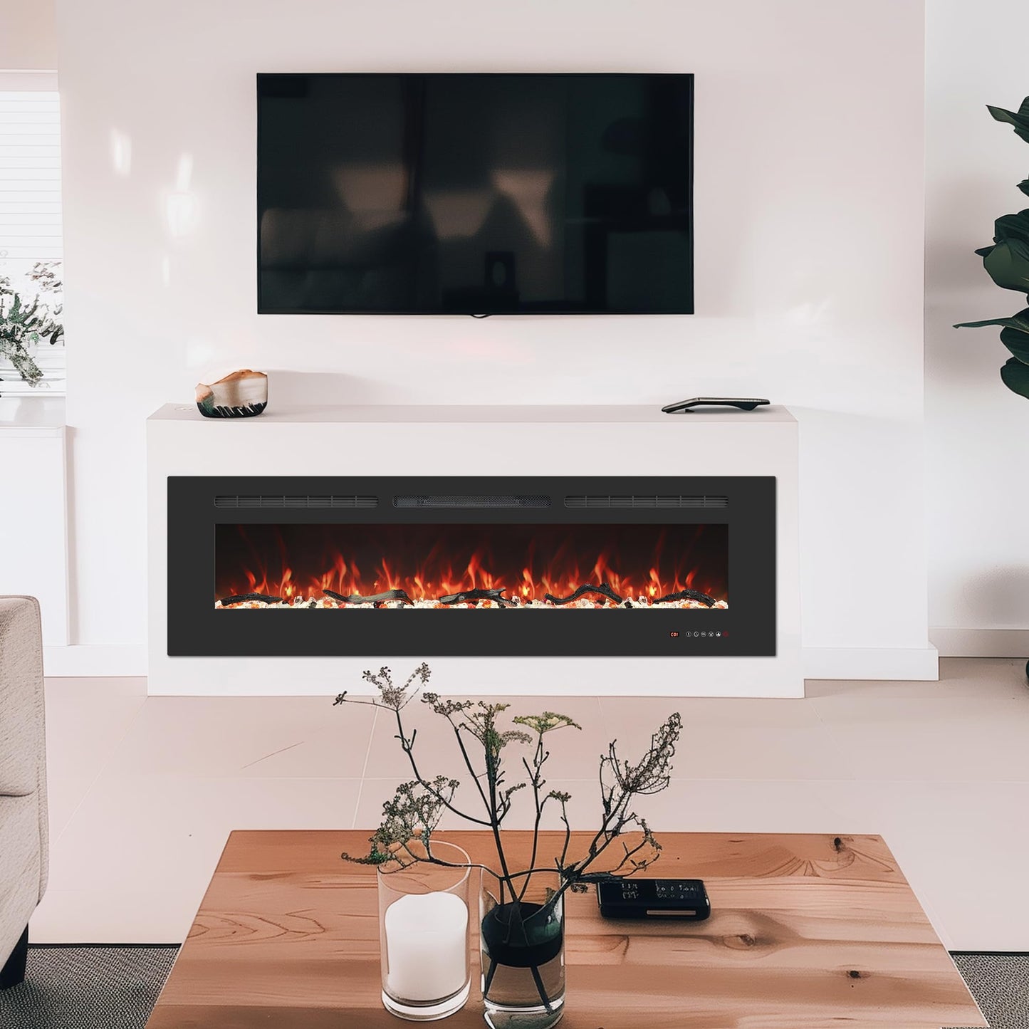 Valuxhome Wall Mounted and Recessed 60 Inches Electric Fireplace Inserts with Remote Control, 13 Flame and Flue Bed Colors, Fireplace Heater for Indoor Use,750/1500W