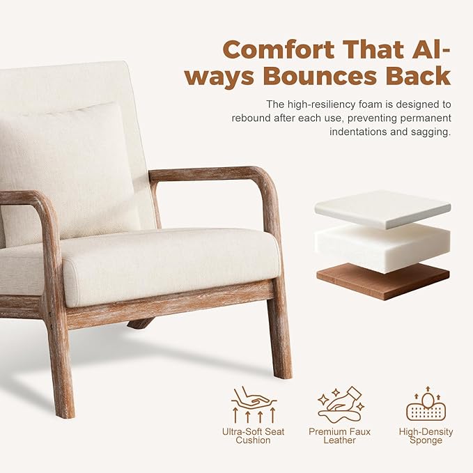 ELUCHANG Mid-Century Modern Chair,Accent Chair with Lumbar Pillow,Upholstered Armchair,Linen Fabric Comfy Reading Chair Beige, Linen, New Armrest, Set of 1