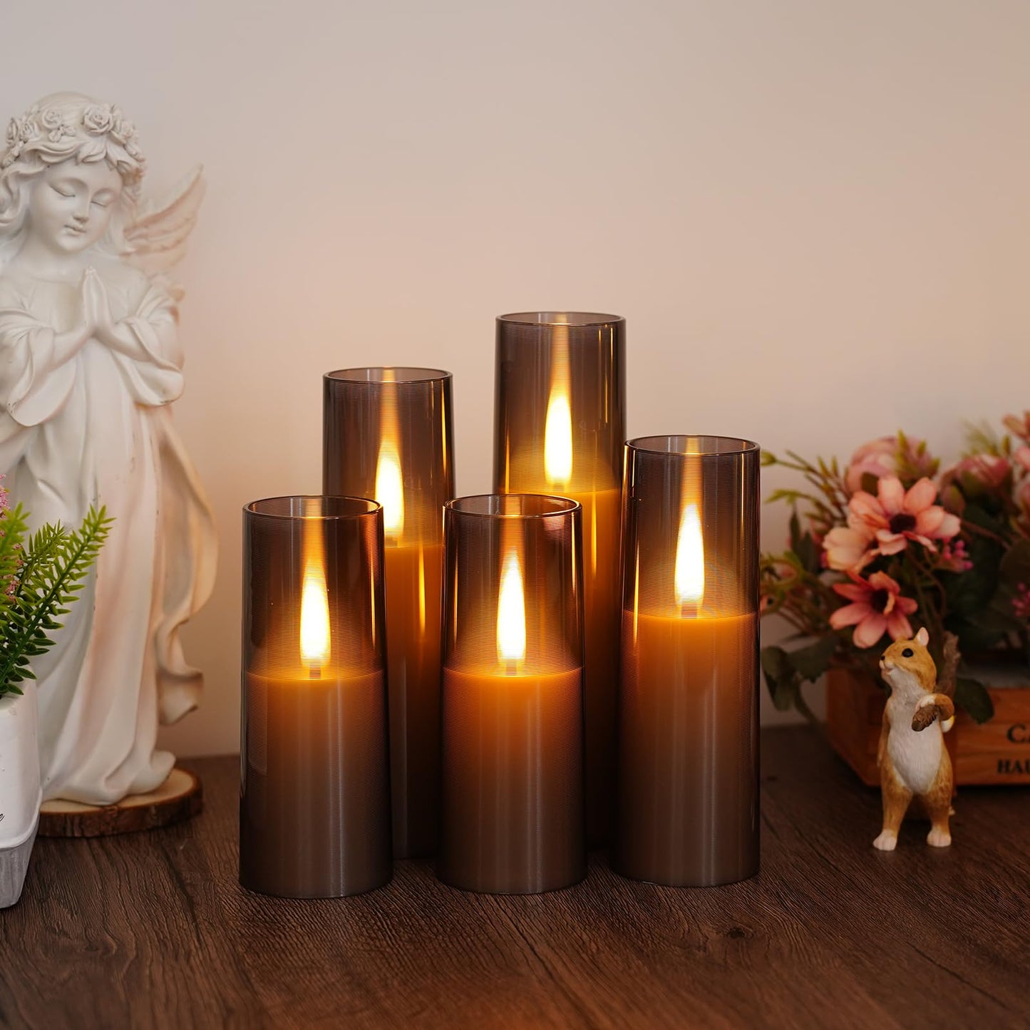 JINYANIA Flameless LED Candles, Upgraded Realistic Flickering Flame Battery Operated Candles with Remote Timer, Acrylic Electric Set of 5 for Romantic Ambiance and Home Decoration（Grey）