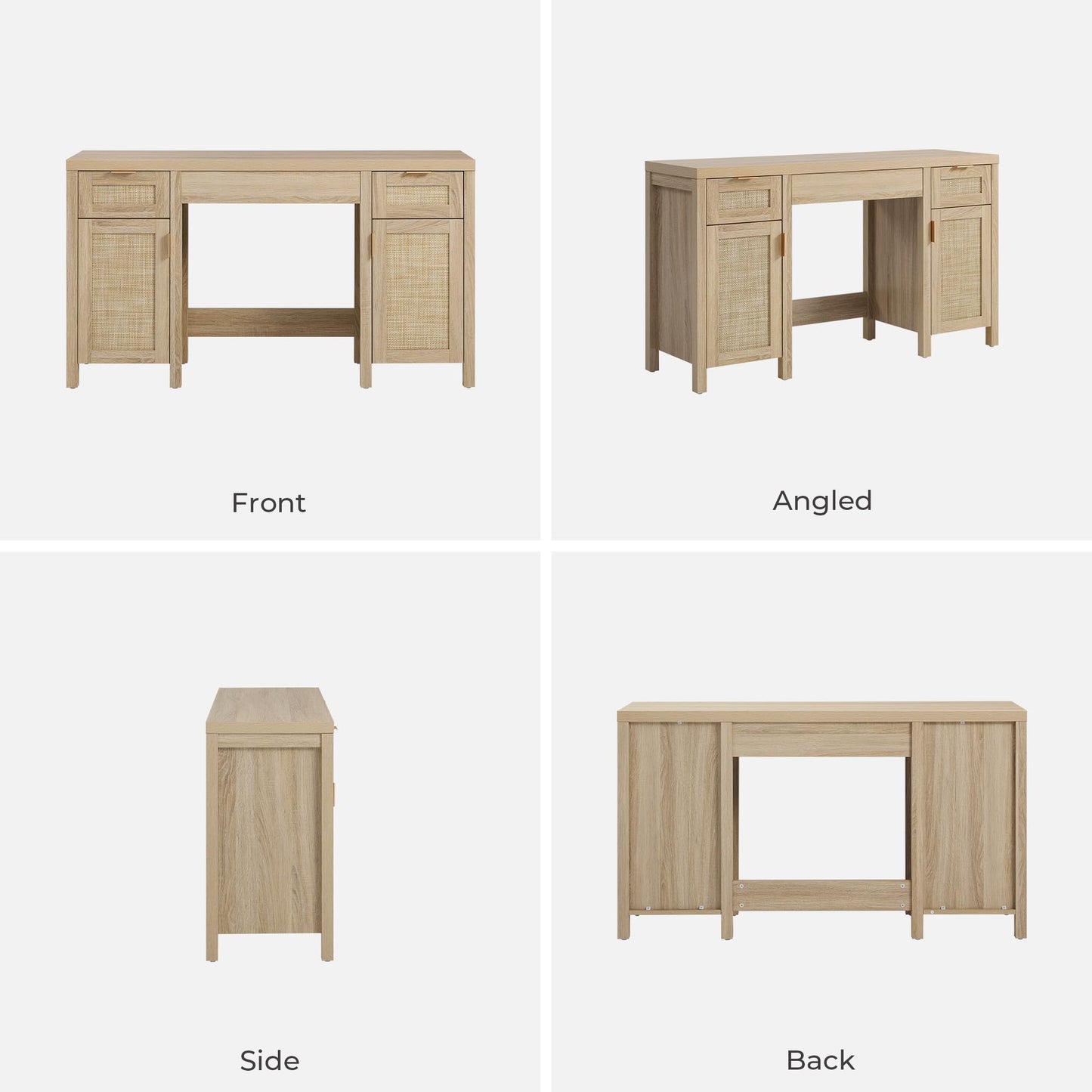 SICOTAS Rattan Vanity Home Office Desk - 52" Large Farmhouse Boho Makeup Vanity Dressing Table with 3 Drawers & 2 Storage Cabinets, Vanities Desk for Makeup Room, Bedroom, Home Office, Light Oak