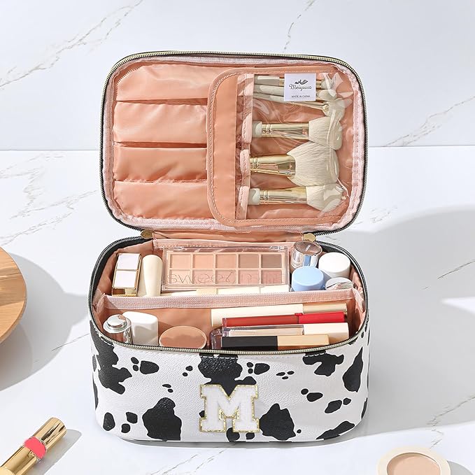 Meiyuuo Makeup Bag Large Cosmetic Bags for Women Girls Cute Travel Zipper Pouch Toiletry Organizer for Beauty Essentials Waterproof (Cow Print Initial Letter M)