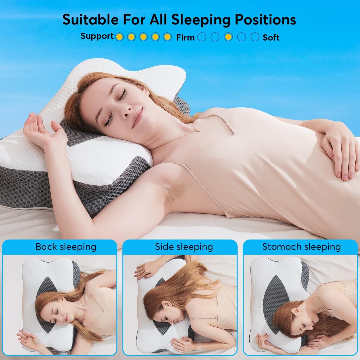 Anvo Cervical Pillow for Neck Pain Relief - Neck Pillows for Pain Relief Sleeping - Pillow for Neck and Shoulder Pain - Ergonomic Design for Side Back Stomach Sleeper-White Standard Firm
