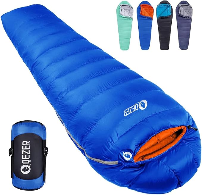 QEZER Down Sleeping Bag for Adults 0°F 10°F 15°F 20°F Backpacking Sleeping Bag for Cold Weather with Compression Sack