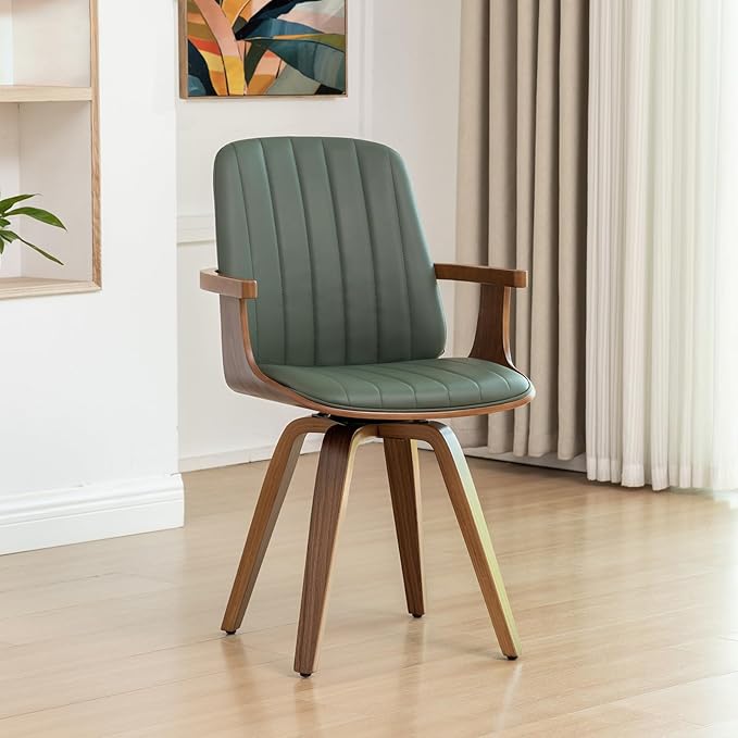 WUPOTO Set of 1 MCM Dining Chair, Mid Century Modern Chair with Walnut Craftsmanship, Upholstered Faux Leather, Wooden Arms and Legs, Faux Leather Dining Chair for Kitchen/Living Room - Green