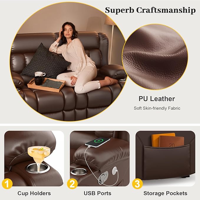 FURNIMAT New Loveseat Recliner Sofa, 2 Seater Reclining Loveseat Sofa, PU Leather Dual Recliner Chair, Modern Loveseat Couch for Living Room, with Cup Holder and USB Ports, Brown