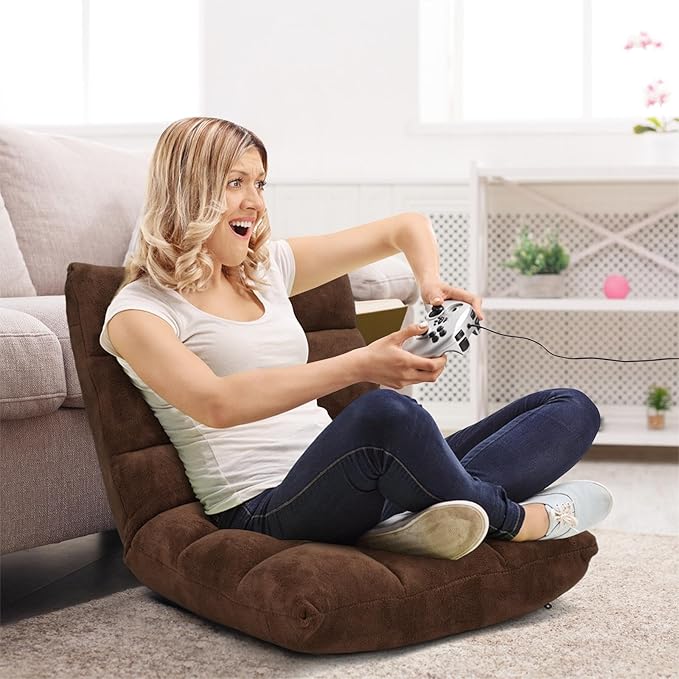 Folding Floor Chair w/Back Support, 14-Position Adjustable Lazy Sofa Chair w/Coral Velvet Fabric & Alloy Steel Frame, Portable Meditation Chair for Reading, Gaming,Sleeping (Coffee)