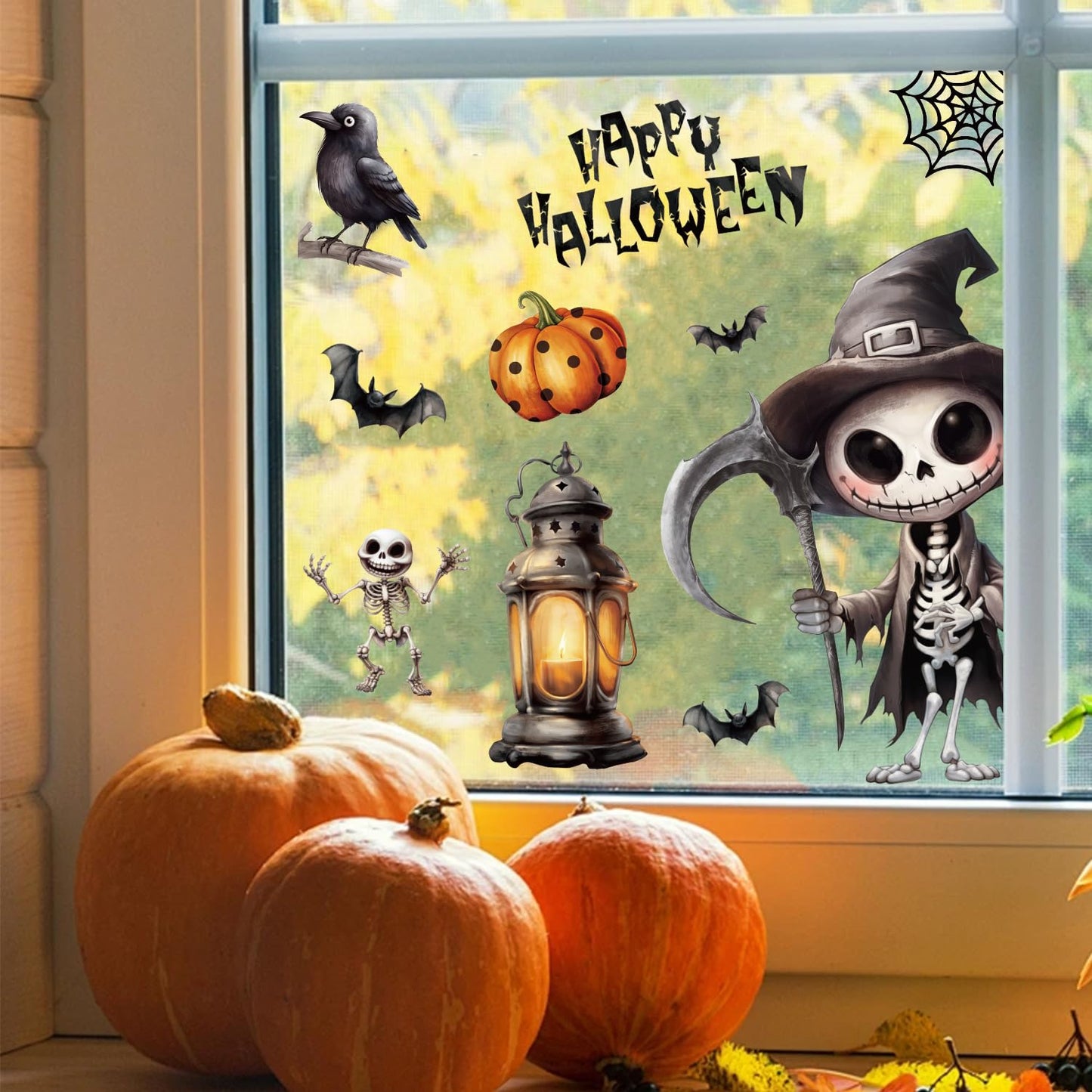 CCINEE 8 Sheet Spooky Skeleton Halloween Window Clings Sticker, Double Sided Skeleton Bat Pumpkin Gel Window Clings for Halloween Party Glass Decals Indoor Mirror Wall Decoration