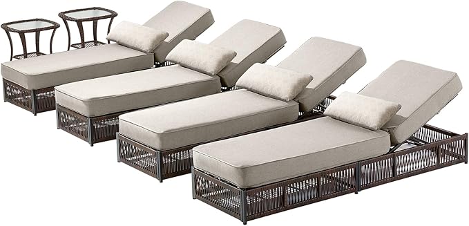 ACTREST Luxury Outdoor Chaise Lounge Chairs of 4 with 5 Inch Thick Cushions and Side Table - 6 PCS High Back Brown Wicker Rattan Patio Recliners Lounger Furniture Set for Poolside Sunbathing - Beige