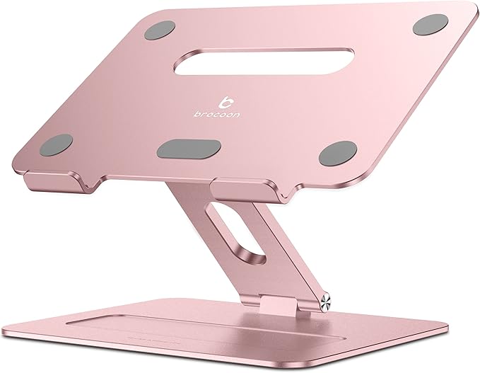 brocoon Adjustable MacBook Pink Laptop Stand for Desk | Ergonomic Aluminum Laptop Riser with Heat-Vent, Compatible for 10-17" Laptops, Rose Gold