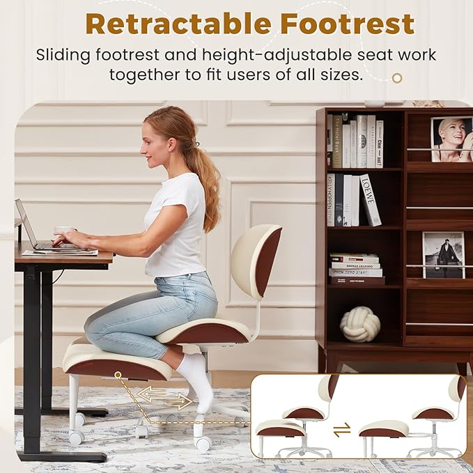 EROMMY Criss Cross Chair with Wheels Retractable footrest, Wide and Thickened ADHD Chair, Ergonomic Cross Legged Kneeling Desk Chairs for Meditation Yoga, Beige & Brown