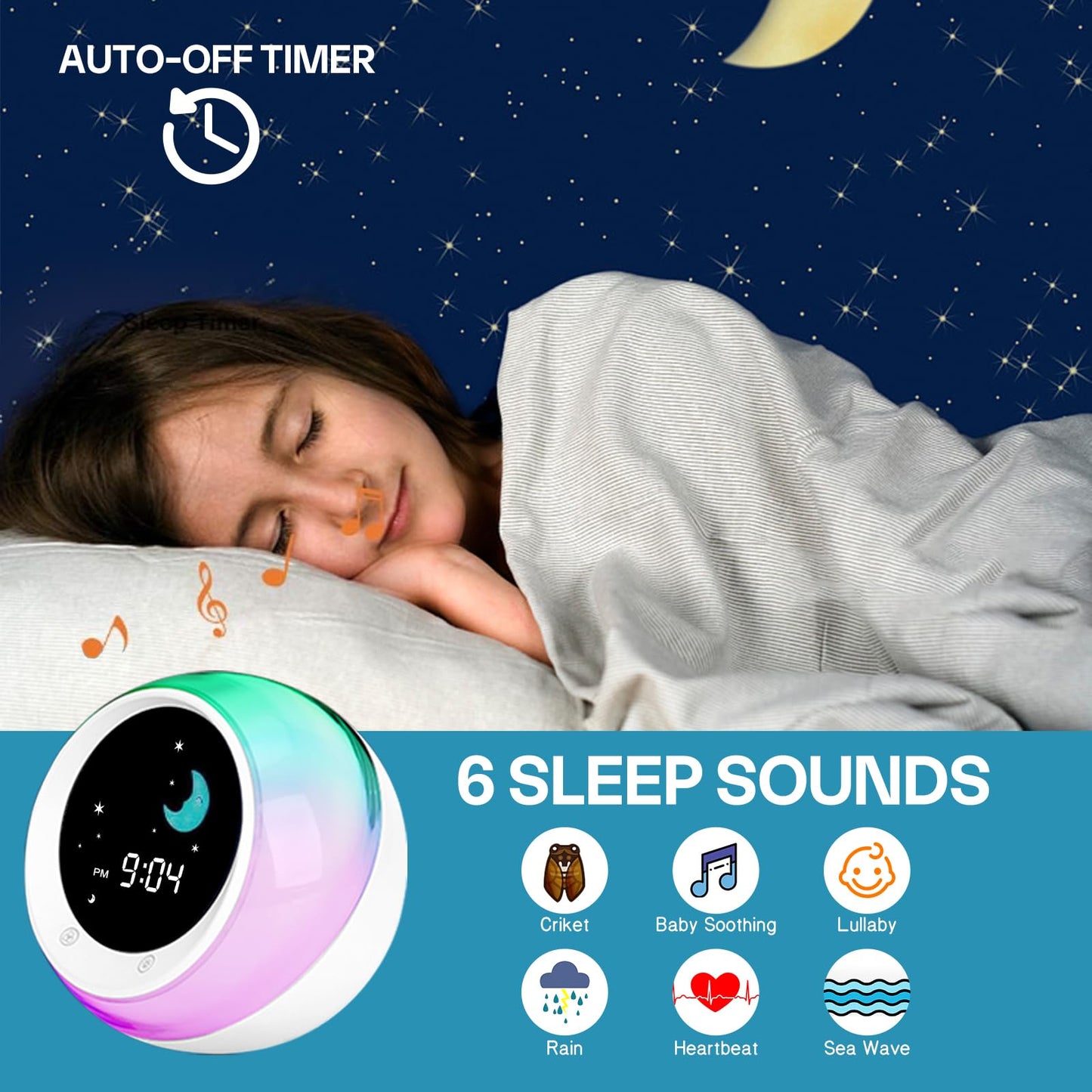 I.CODE Sun & Moon Rise Kids Alarm Clock, Children's Sleep Trainer ,Sleep Sound Machine, Wake Up Light & Night Light ,Teach Kids Day & Night