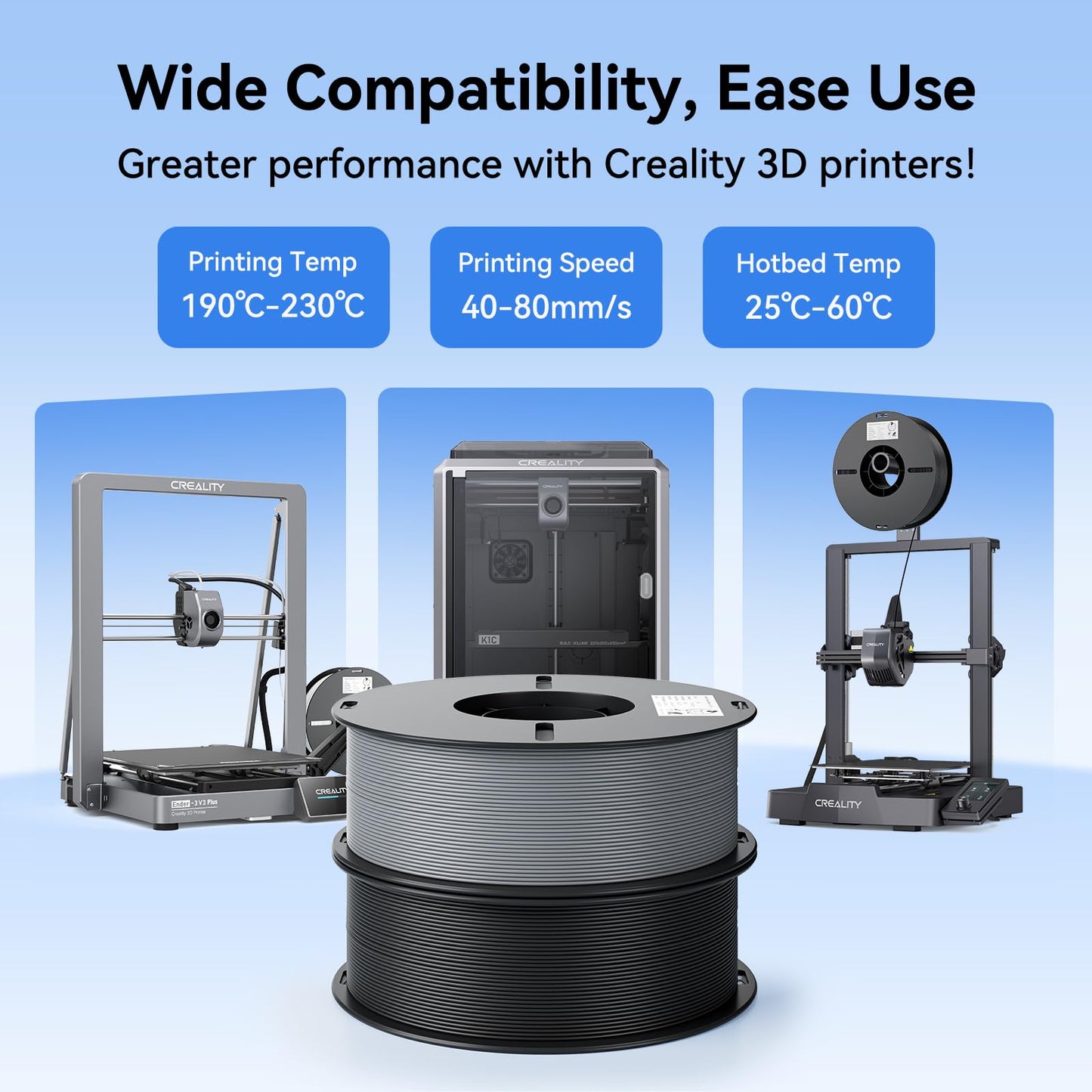 Creality K1C 3D Printer, 600mm/s Fast Speed Auto Leveling 3D Printers Bundle with Creality 3D Printer Filament 1.75mm 4KG, Black White Blue Red
