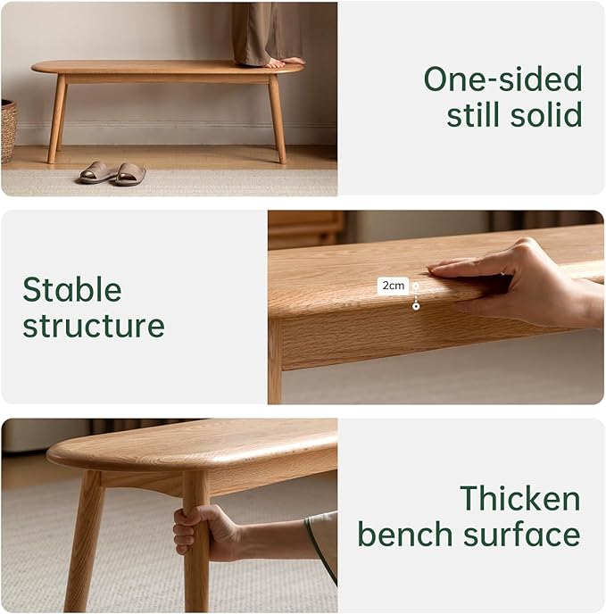 Vadisun 47'' 100% Solid Oak Wood Dining Bench,Rounded Corner Baguette Shape Chair Surface Design,Entryway Bedroom Bed End Bench (47.3inch, Natural Oak)