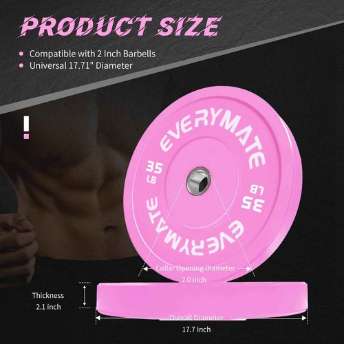 EVERYMATE Pink 35LB Olympic Bumper Plates - Grip Weight Plates for Strength Training & Crossfit - Steel Inserts - Fit 2" Barbells - Virgin Rubber Weights