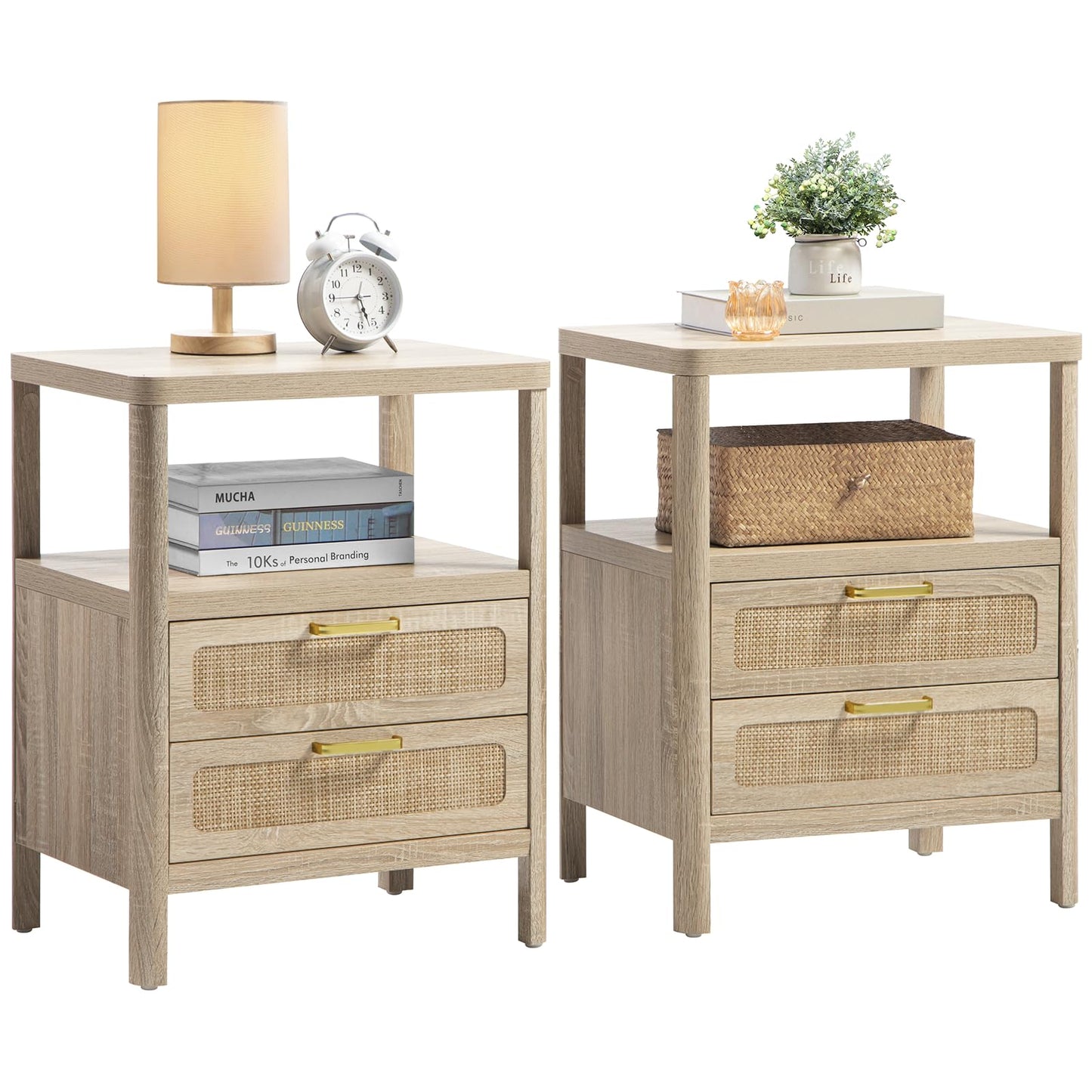 Nightstands Set of 2 - Rattan Night Stand Bedside Table with 2 Rattan Drawers, Open Storage Shelf, Farmhouse Wood Bed Side Tables End Table for Bedroom Living Room, Natural