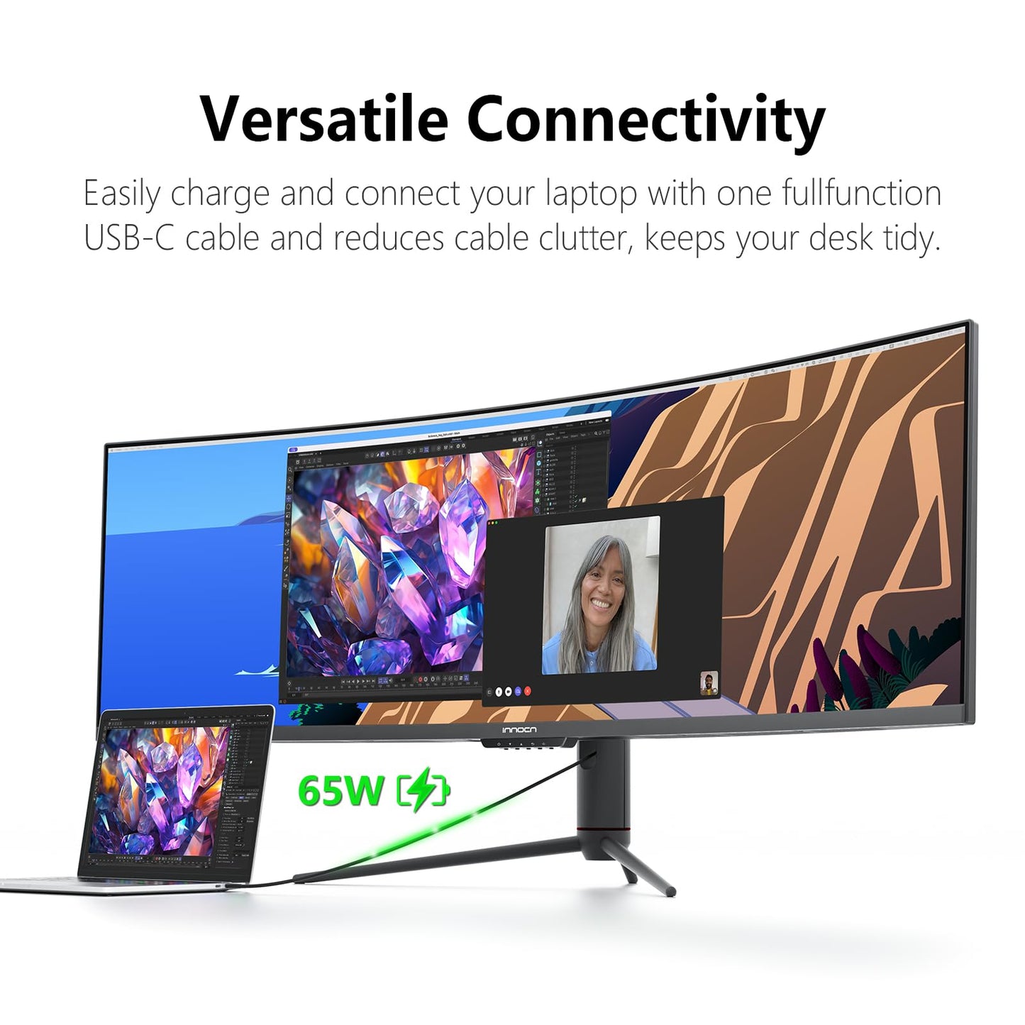 INNOCN 49" 5K2K 5120 x 1440P 240Hz Curved Ultrawide Gaming PC Monitor, R1800, 99% sRGB, HDR400, USB Type C, DisplayPort, HDMI, Built-in Speakers, Height/Tilt Adjustable - 49C1S