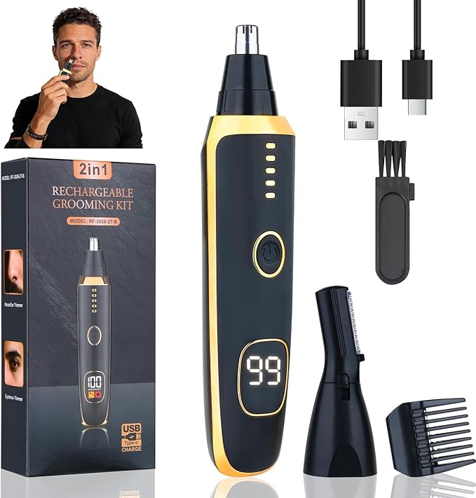 2 in 1 Nose and Ear Hair Trimmer with LED Display, Rechargeable Electric Nasal Hair Clipper for Men & Women, Eyebrow & Facial Hair Removal with Dual-Edge Blades, Easy to Clean