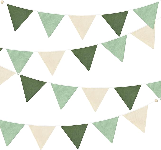 2 Sets of Sage Green Pennant Banner 24Pcs Nursery Garland Flags Olive Green Fabric Linen Triangle Streamers for Baby Room ...