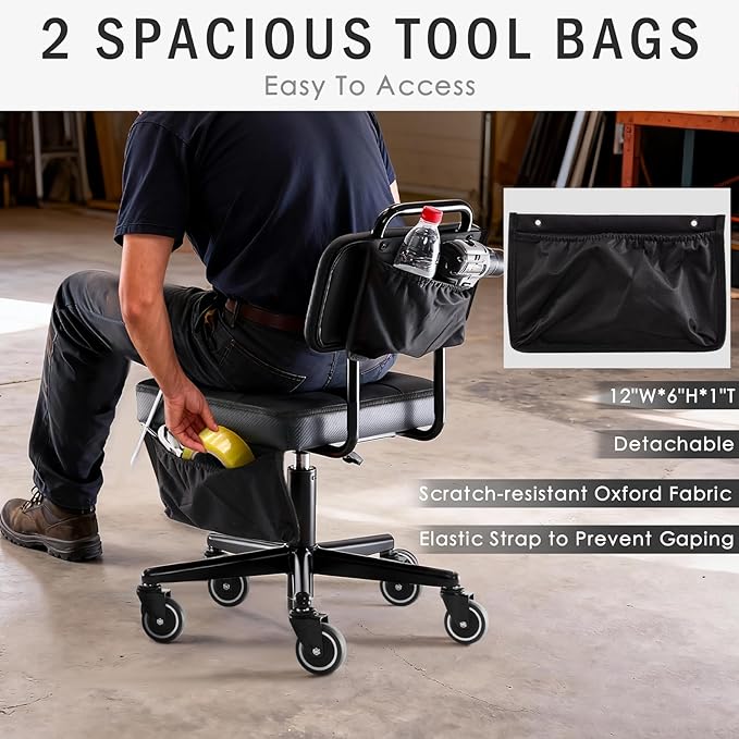WUDOYO Adjustable Rolling Shop Stool with Tool Bags, Black Padded Seat, TPE Wheels, Real Backrest, Easy Handrail (Regular Work Seat Height(18-25"))