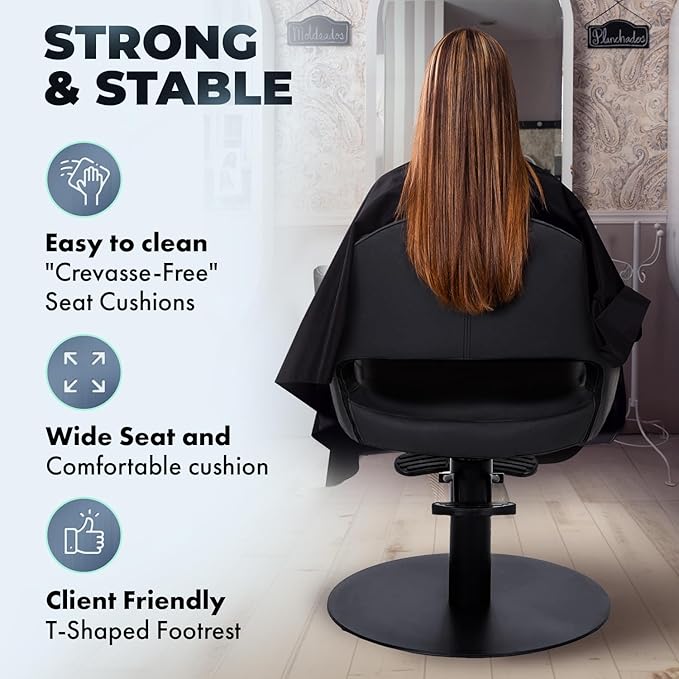 Buy-Rite Cleo Professional Salon Styling Chair & Barber Chair – All Black Vinyl w/Black Stitching, Easy-Clean Crevice-Free Seat, Flat Round Base, Heavy-Duty Build – YLG-376