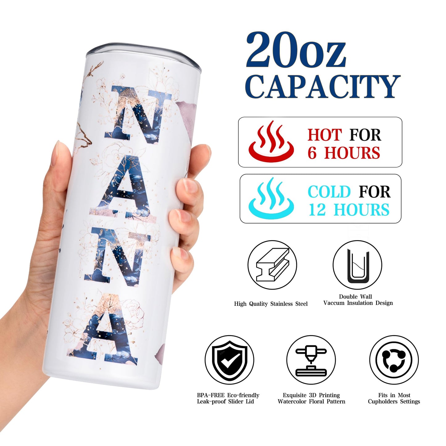 GloxwRiyt Nana Gifts for Grandma From Grandchildren, Birthday Christmas Gifts For Nana from Grandson Granddaughter, 20oz Floral Stainless Steel Tumbler with Lid (NANA)