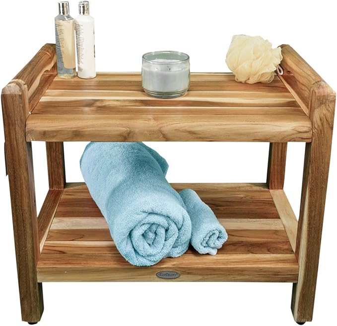 EcoDecors Eleganto 24 Inch Natural Color Waterproof Teak Wood Shower Bench Stool Seat Chair For Inside Shower Provides Safety, Storage, and Organization For Bathroom Accessories