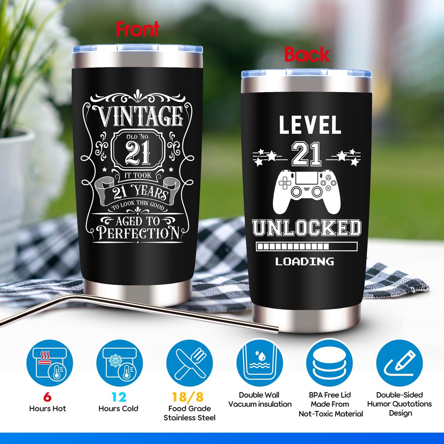 JTAMOHI 9 Pcs Happy 21th Birthday Gifts for Boys, 21 Year Old Boy Birthday Gifts with 20 Oz Tumbler, Funny Socks, Toilet Paper, Bracelet, Baseball Cap, Keychain for Son, Nephew, Grandson, Brother