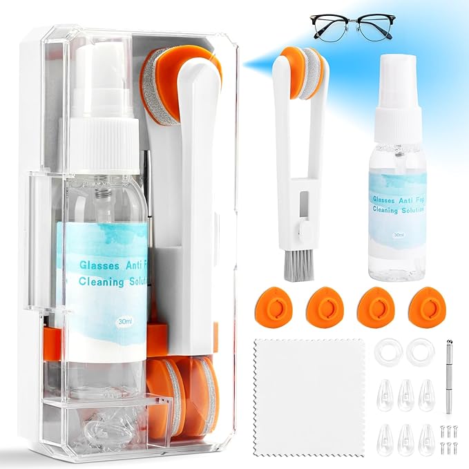 Ordilend Glasses Cleaner, Glasses Cleaning Kit with Eyeglass Cleaner Spray, Eyeglass Lens Cleaner, Microfiber Cleaning Cloth,Portable Eyeglass Repair Kit with Screws, Safe for All Lens(White)