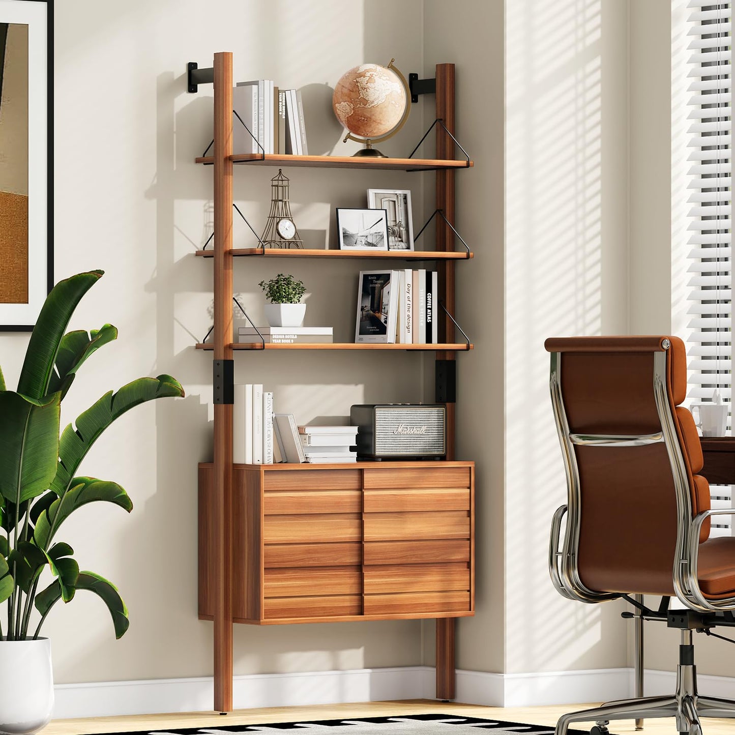 JOINICE, Ladder Bookshelf with Storage Cabinet, Mid Century Modern Bookcase, Wall Mounted Bookshelf with Wood and Metal Frame, 6 Tier Open Display Rack for Living Room, Bedroom, Home Office, Cherry