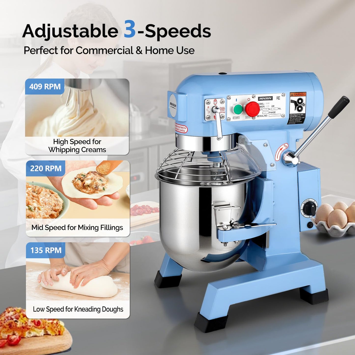 ROVSUN 15QT Commercial Food Mixer, 550W Electric Commercial Dough Mixer with 3-Speeds Adjustable, Heavy Duty Commercial Stand Mixer with Stainless Steel Bowl for Bakery Pizzeria Restaurants, Blue