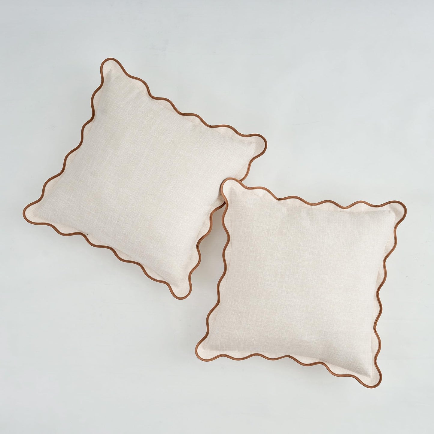 Mayler Yee Scalloped Throw Pillow Covers Set of 2 for Living Room, Cotton & Linen, Boho Sytle Decorative Home. Fabric Feels a Little Stiff, Because Scalloped Edges Require (Beige & Brown, 18x18 Inch)