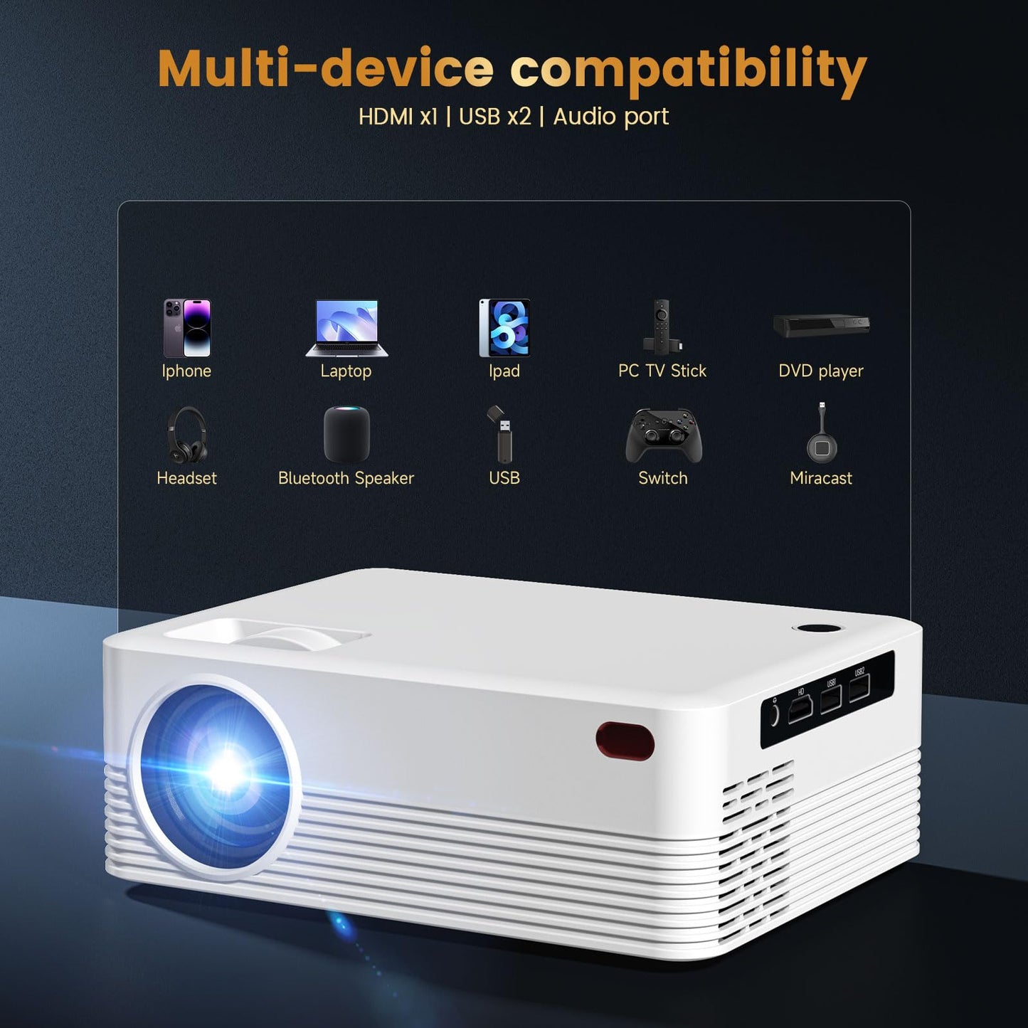 【Native 1080P】 Dreamfair Projector with WiFi and Bluetooth, 240ANSI Support 8K, Portable Projector with Rack, 40"-200" Screen Video, Compatible with Smartphone, TV Stick, Laptop, HDMI, USB（White）