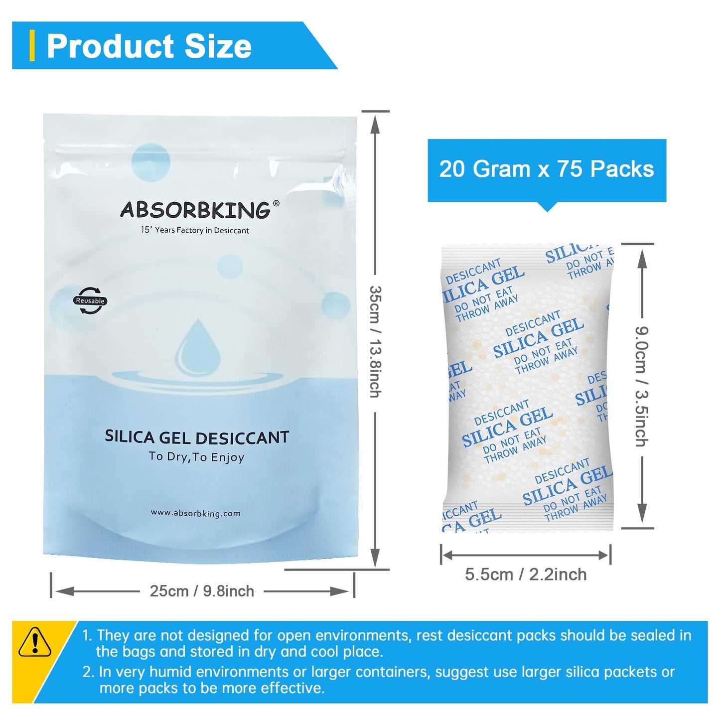 Moisture Absorbers, 20G 75 Pack Premium Transparent Desiccant for Storage, Silica Gel Desiccant Packets (20G, 75)