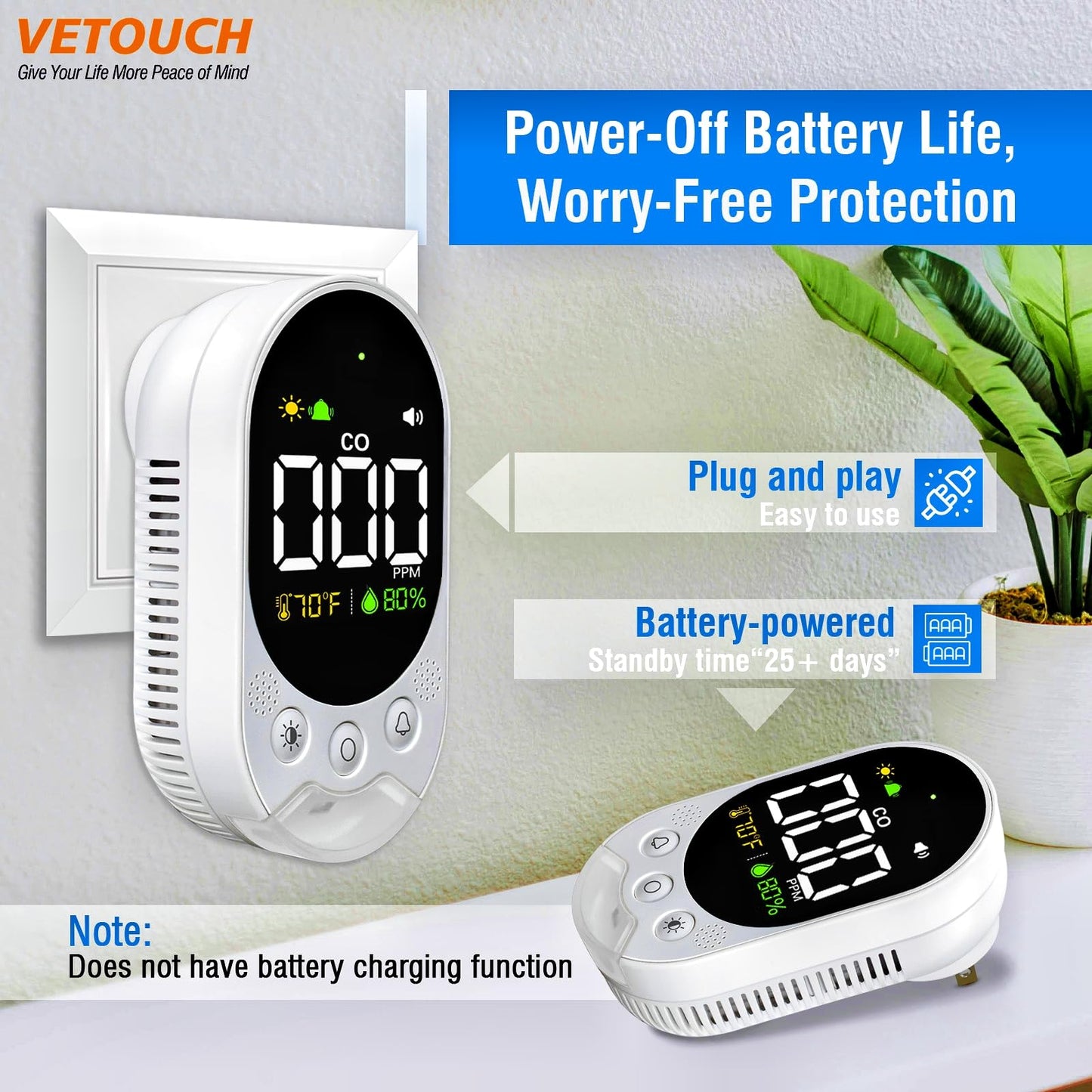 VETOUCH Portable Carbon Monoxide Detector Plug,Upgraded Version Configure Emergency Lighting CO Remind,Accurate Detection of CO Concentration Graded Warning, While Monitoring Temperature Humidity