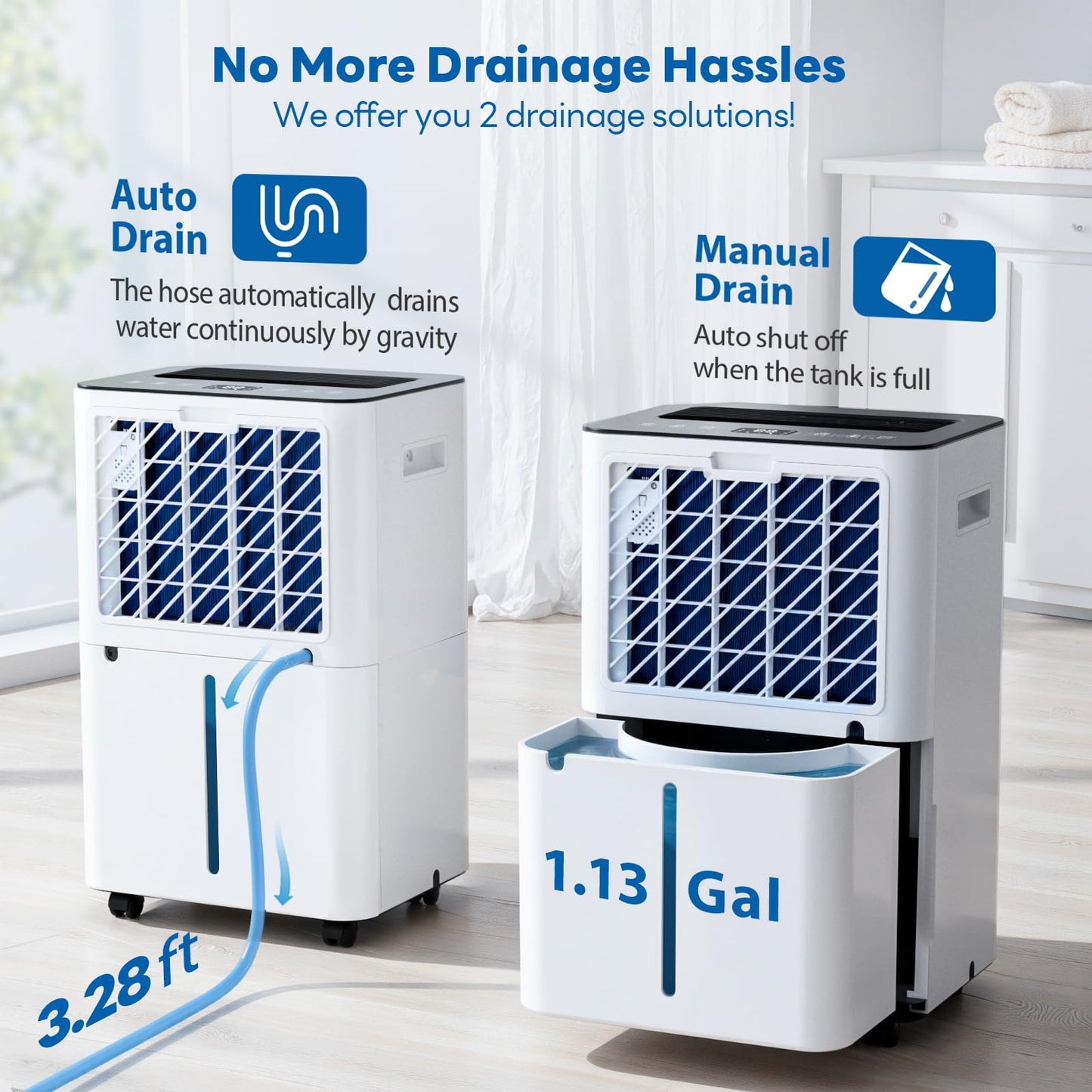 FreAire 54Pint Dehumidifier for 4500Sq.Ft, Compressor Dehumidifiers for Home, Front Humidity Value Display&Quiet Dehumidifier for Basement, Bedroom, Bathroom, with Drain Hose, 1.13 Gallon Water Tank