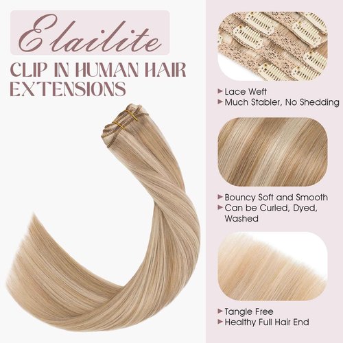 Elailite Clip in Hair Extensions Real Human Hair, Remy Hairpieces for Women, 7PCS Lace Weft Full Head, 14 Inch 100g Golden brown & Bleach Blonde