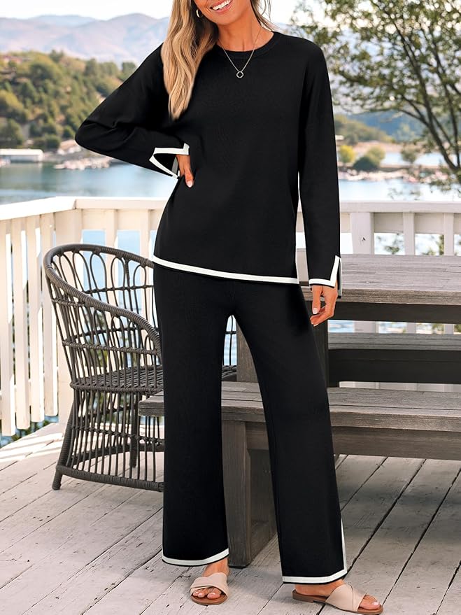 LILLUSORY Women Fall 2 Piece Lounge Set Outfits Sweatsuits Long Sleeve Sweater Tops Wide Leg Pants
