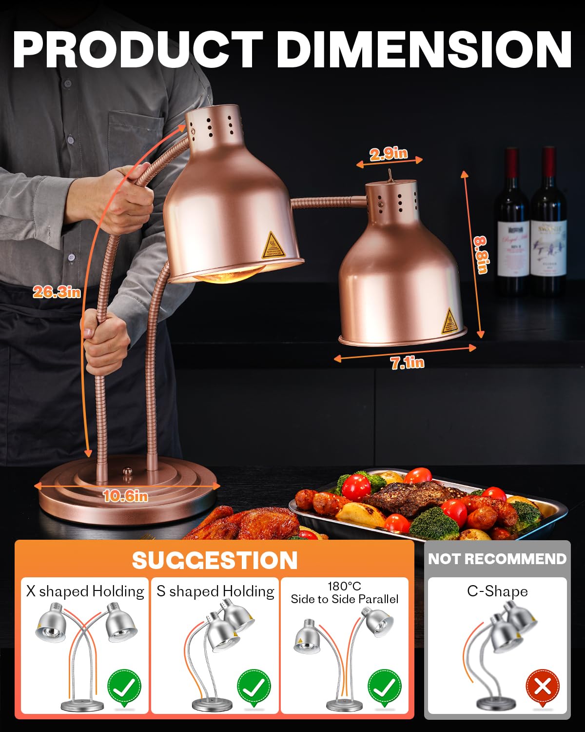 RVGMBO Food Heat Lamp - [3 Bulbs Included] [Rapid-Heating], 500W Commercial Food Warmer Light, Heat Lamp for Food, Catering Warming Lamp for Buffet Parties, Painted Copper,N2