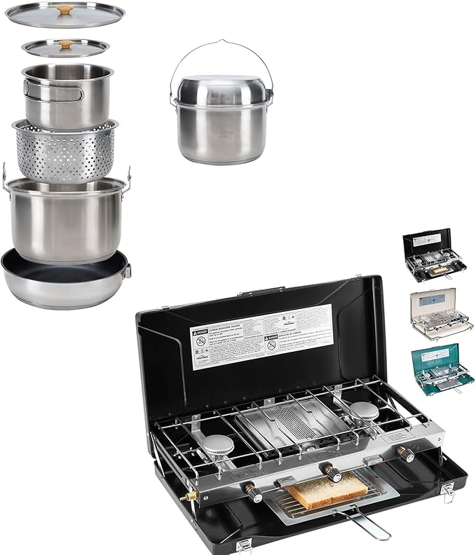 Camping Cookware Set 304 Stainless Steel Campfire Cooking Pots Pan and Kettle with Camping Stove 3 Burner 20400 BTU Propan...