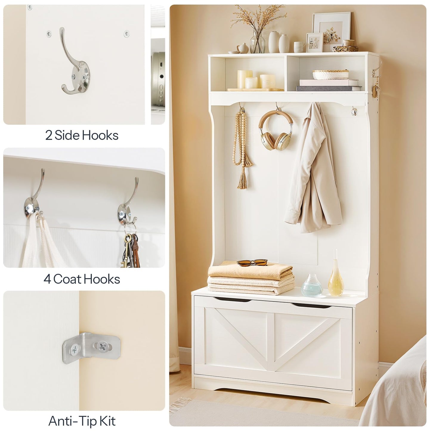 HOOBRO Hall Tree with Bench and Shoe Storage, Entryway Bench with Coat Rack and Shoe Cabinet, Flip-Down Cabinet Door, Coat Rack with Shoe Rack, for Mud Room, White WT84MT01