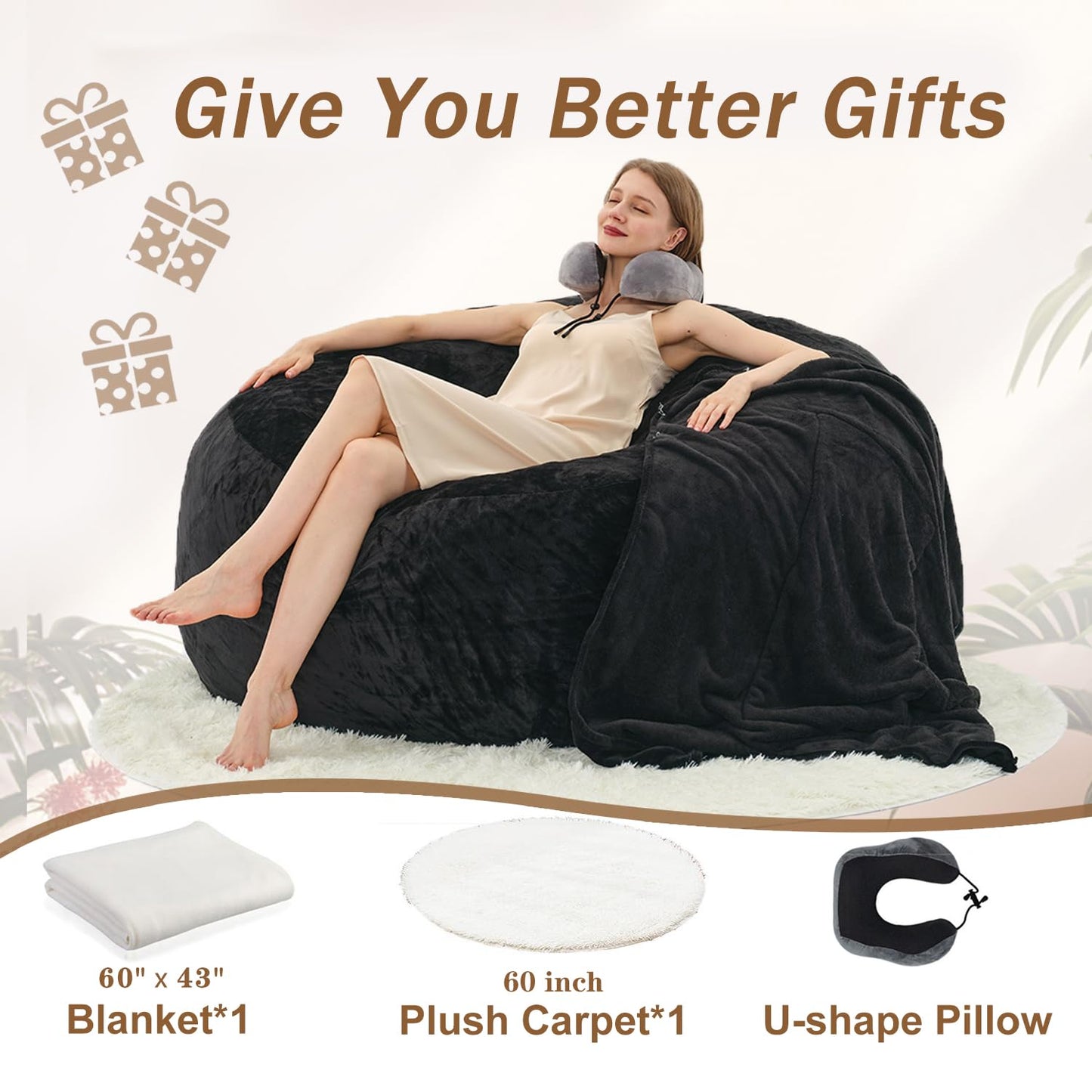 Demacai Bean Bag Chair - Bean Bag Chairs for Adults with Memory Foam Filler Included, Removable and Washable Flannel Cover Beanbag Chair - Black(5FT-55"x55"x28")