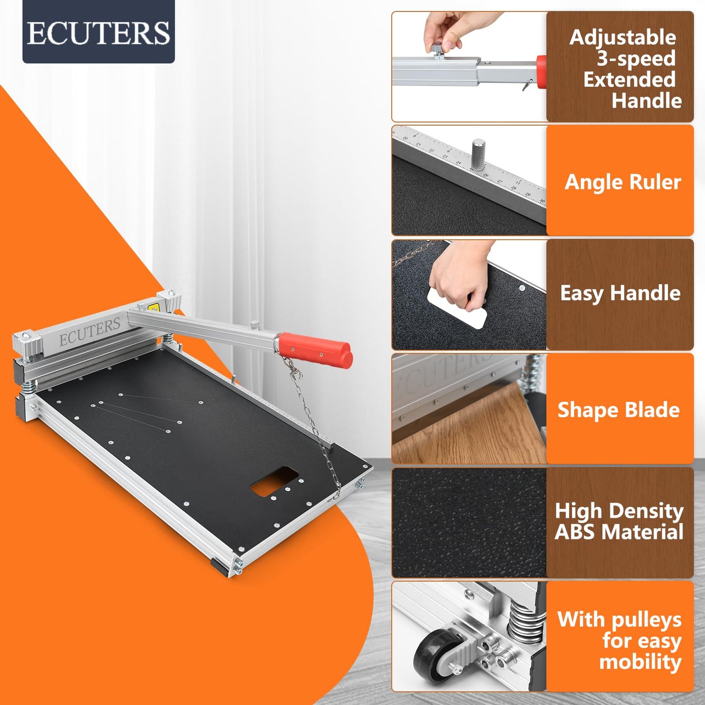 Heavy Duty Laminate Floor Cutter with Blade, ECUTERS 13“ Vinyl Floor Cutter with Wheels, Vinyl Plank Cutter Tile Angle Length Cutting 16mm Thick Flooring Tools - Engineer Wood Parquet LVP LVT