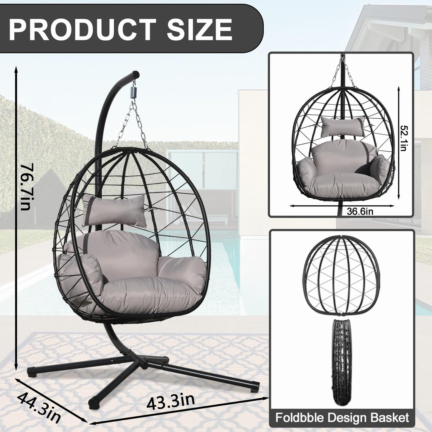 Egg Chair with Stand, Uv-Proof Pe Wicker Hanging Chair for Outdoor Patio, Cushioned Hammock Swing for Bedroom Garden Indoor/Outdoor, Double-Zipper Structure Hanging Egg Chair (Black and Gray)