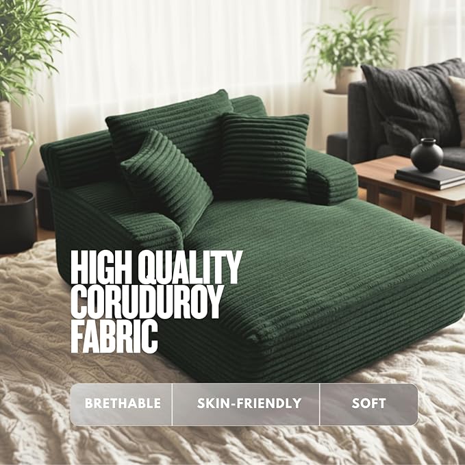 Alpen 66" Oversized Chaise Lounge, Boneless Couch Indoor, Corduroy Couch Boneless Sofa Chair for Reading with Wide Armrest and 3 Throw Pillows, No Assembly Required, Green