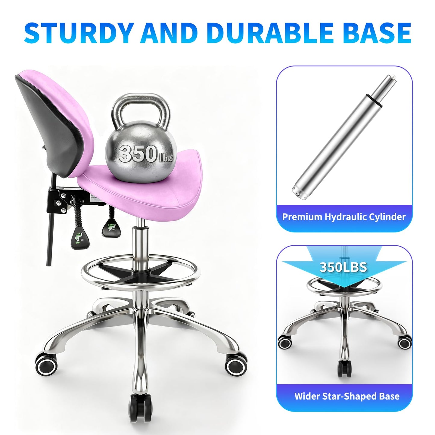 Saddle Chair with Back Support - Tilted Backrest, Adjustable Foot Rest, 350 LBS Capacity Ergonomic, 360° Swivel Drafting Chair for Salon, Spa, Massage, Tattoo, Facial lash, Home,（Macaron Purple）