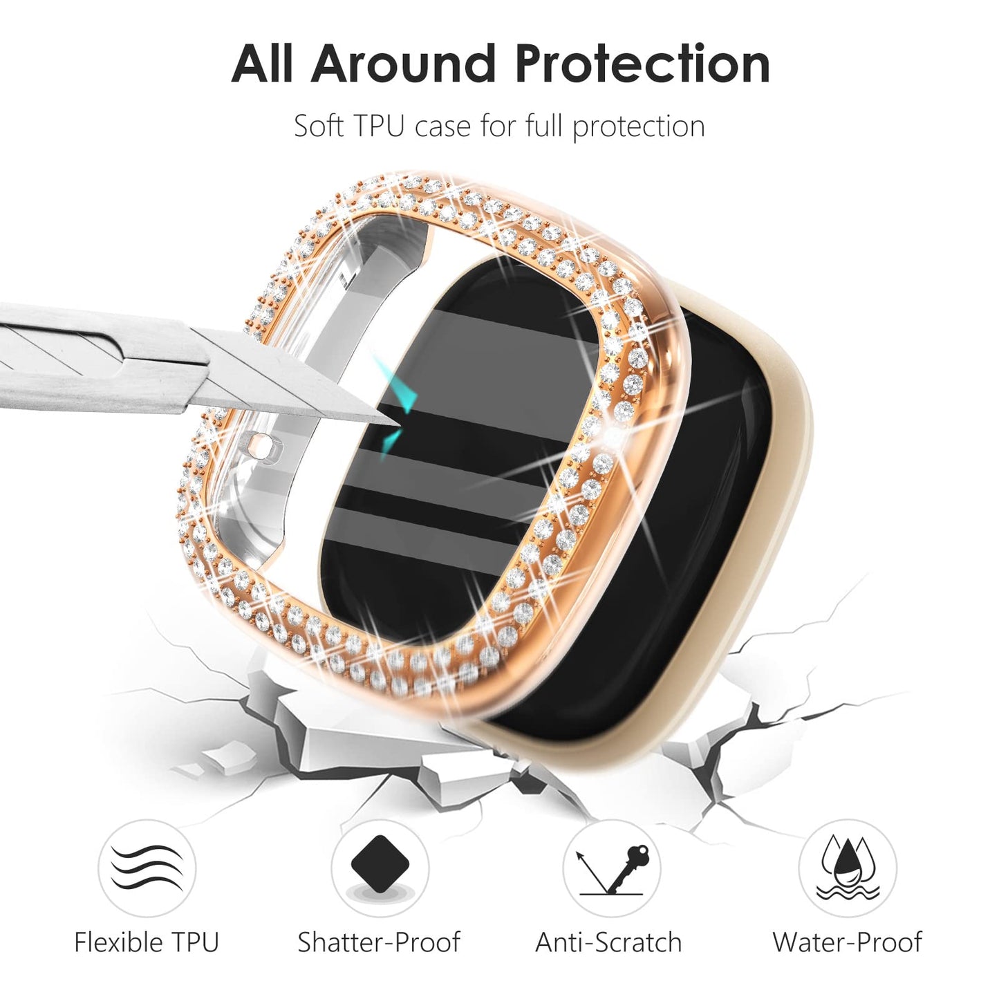 Fullife 3-Pack Tpu Bumper For Fitbit Versa 3 Screen Protector, Crystal Diamond Bling Case Hd Full Protective Cover For Men Women